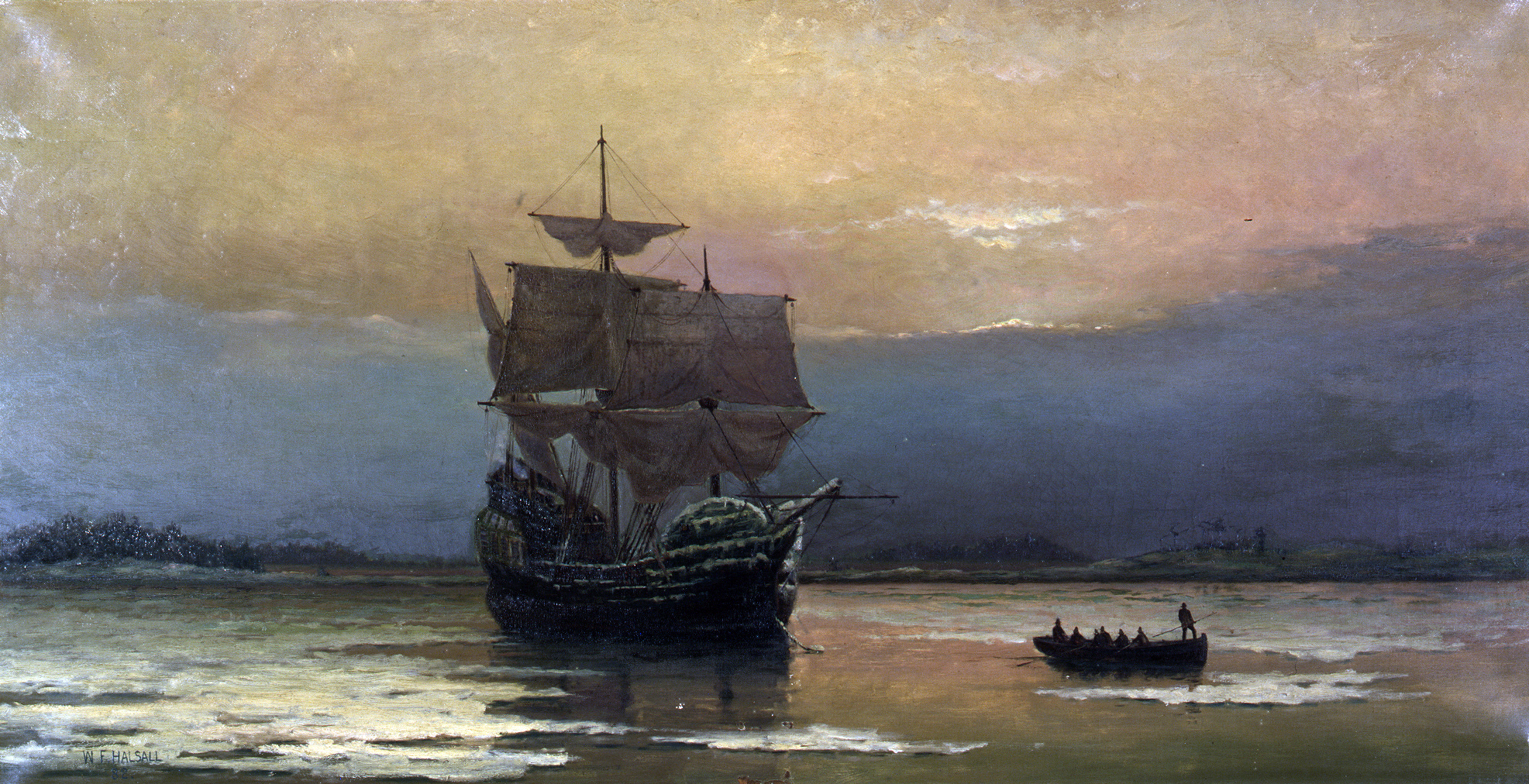Loď Mayflower, na které puritáni připluli do Nové Anglie.